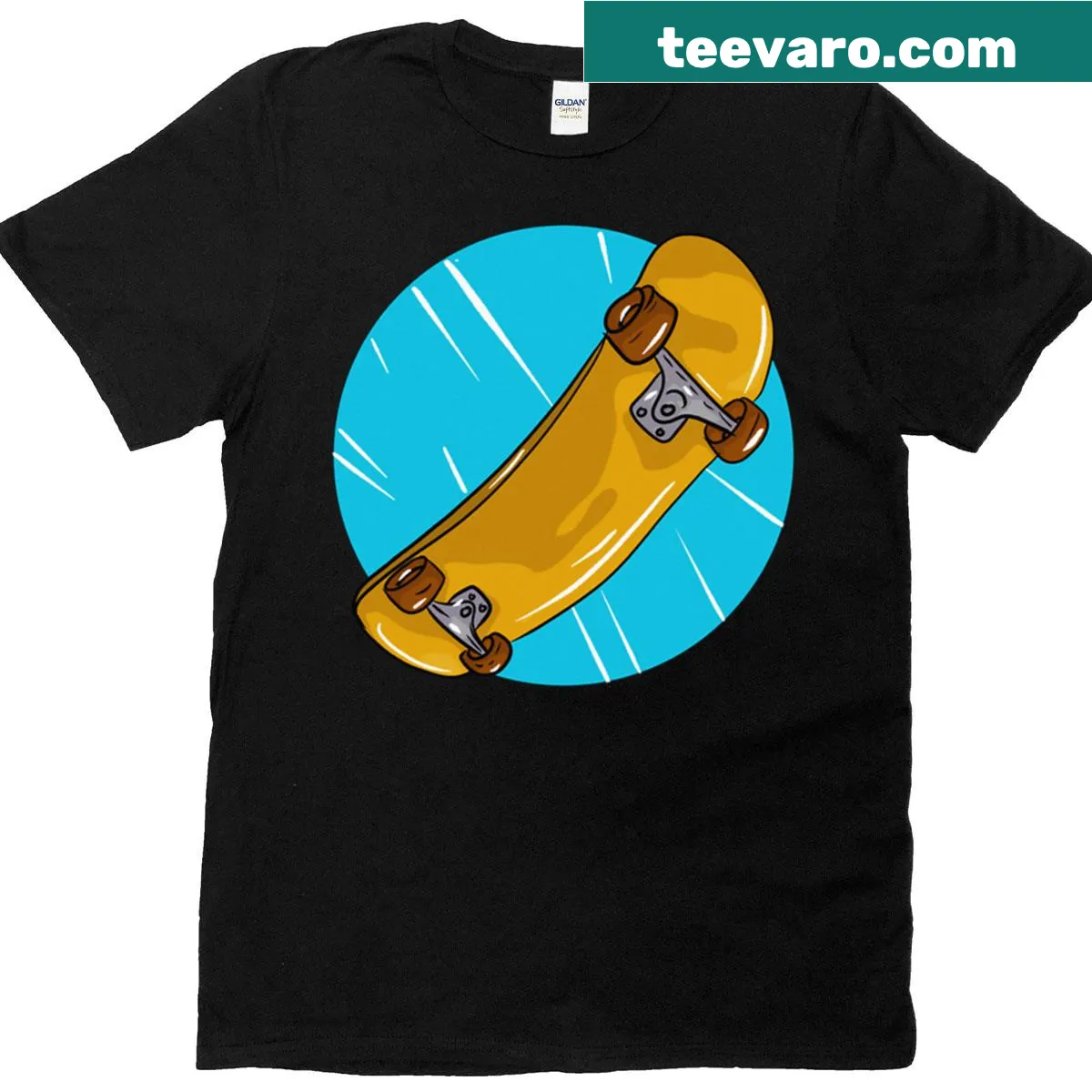 Silhouette of a yellow skateboard with light blue accents on a T-shirt — on a men's t-shirt