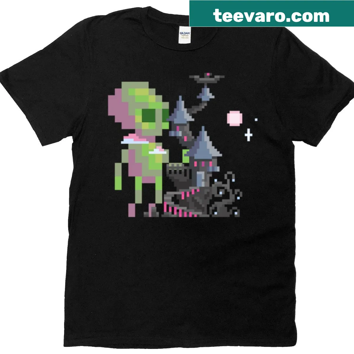 8-bit pixelated alien graphic on a T-shirt — on a men's t-shirt