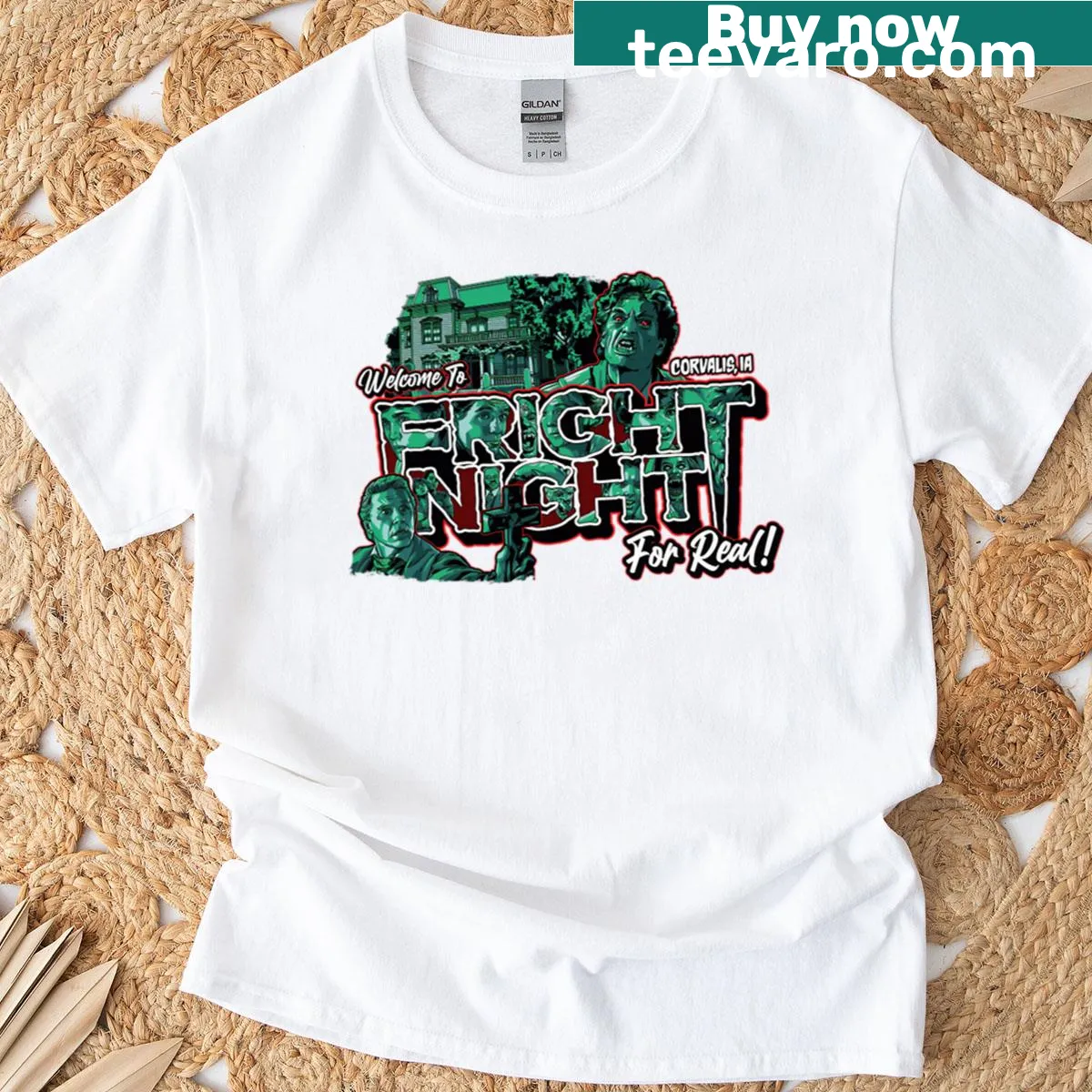 Vintage distressed T-shirt with iconic imagery from 80s horror movies — on a men's t-shirt