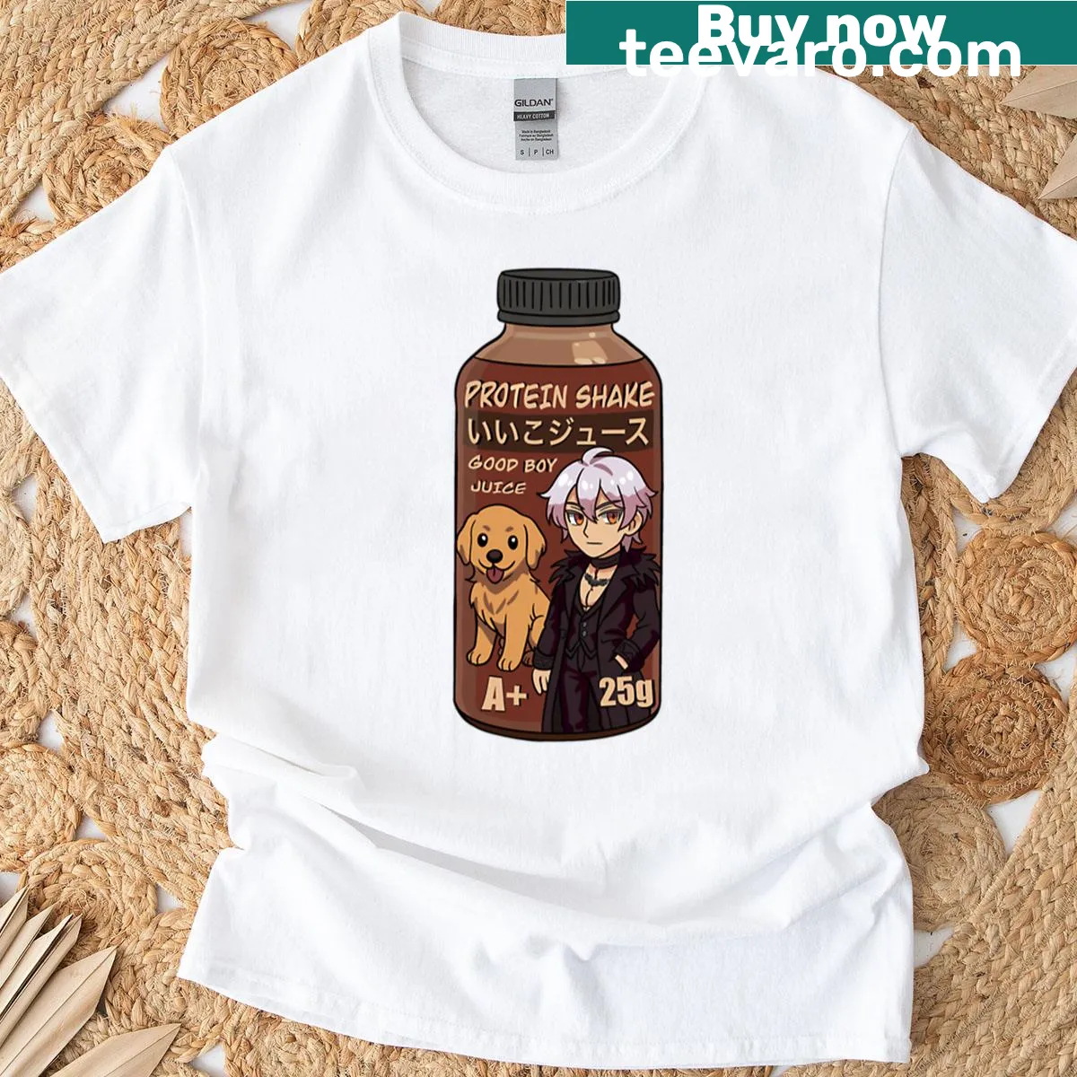 Cartoon-style t-shirt featuring characters from the Lord Aethelstan Vtuber series enjoying a protein shake. — on a men's t-shirt
