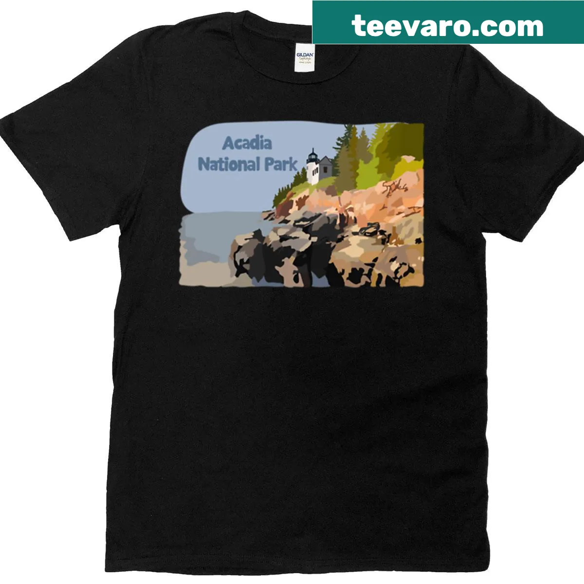 Illustrated T-shirt showcasing Acadia National Park landscapes — on a men's t-shirt