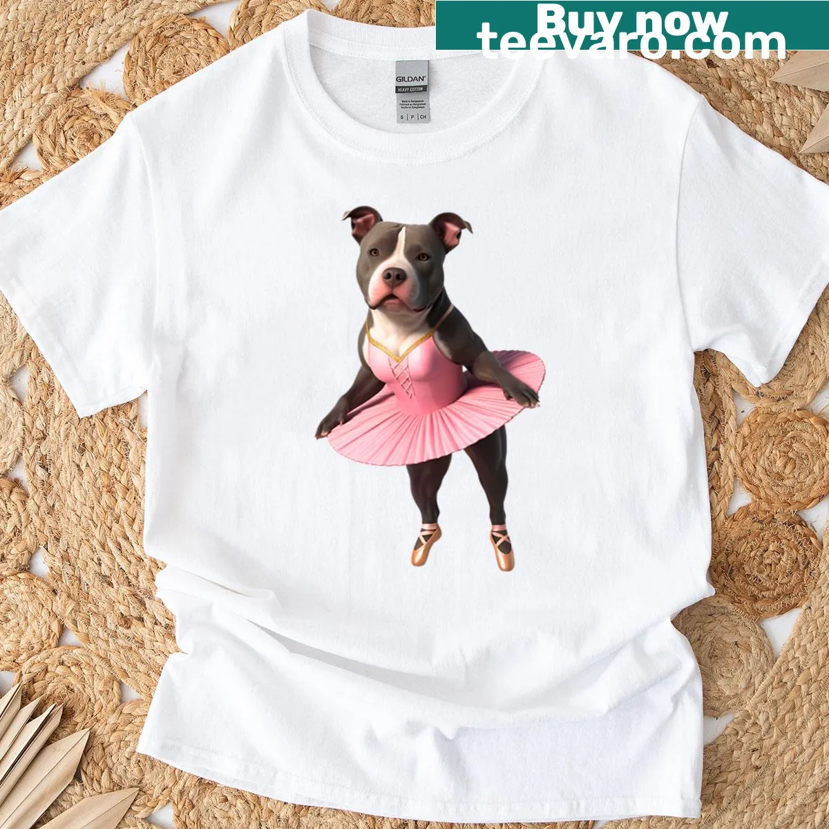 Cute t-shirt featuring an illustration of a pitbull ballerina. — on a men's t-shirt
