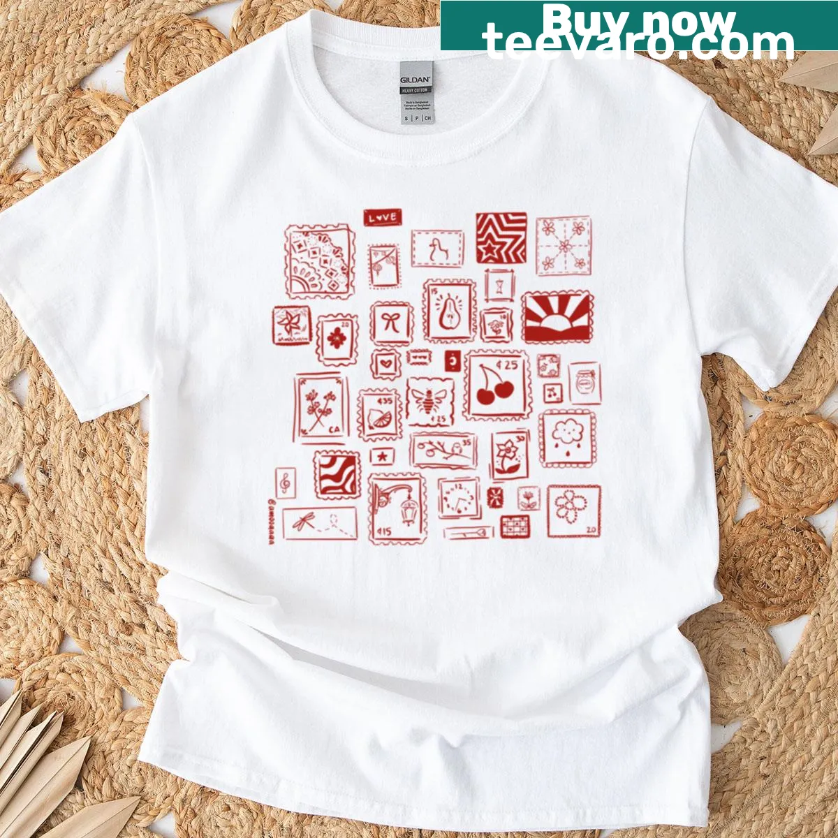 Doodle design featuring red stamps and stickers on a T-shirt — on a men's t-shirt