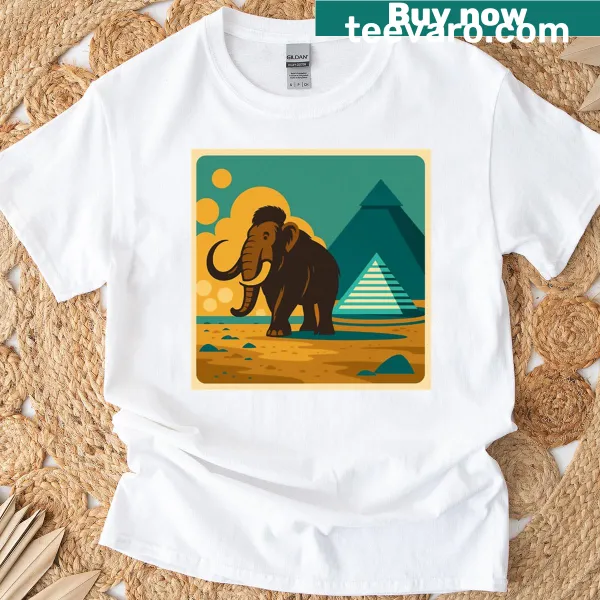 Illustration of ancient artifacts and wildlife from the Ice Age on a T-shirt