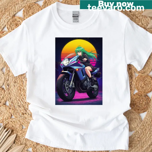 Anime character riding a futuristic motorcycle on an oversized T-shirt