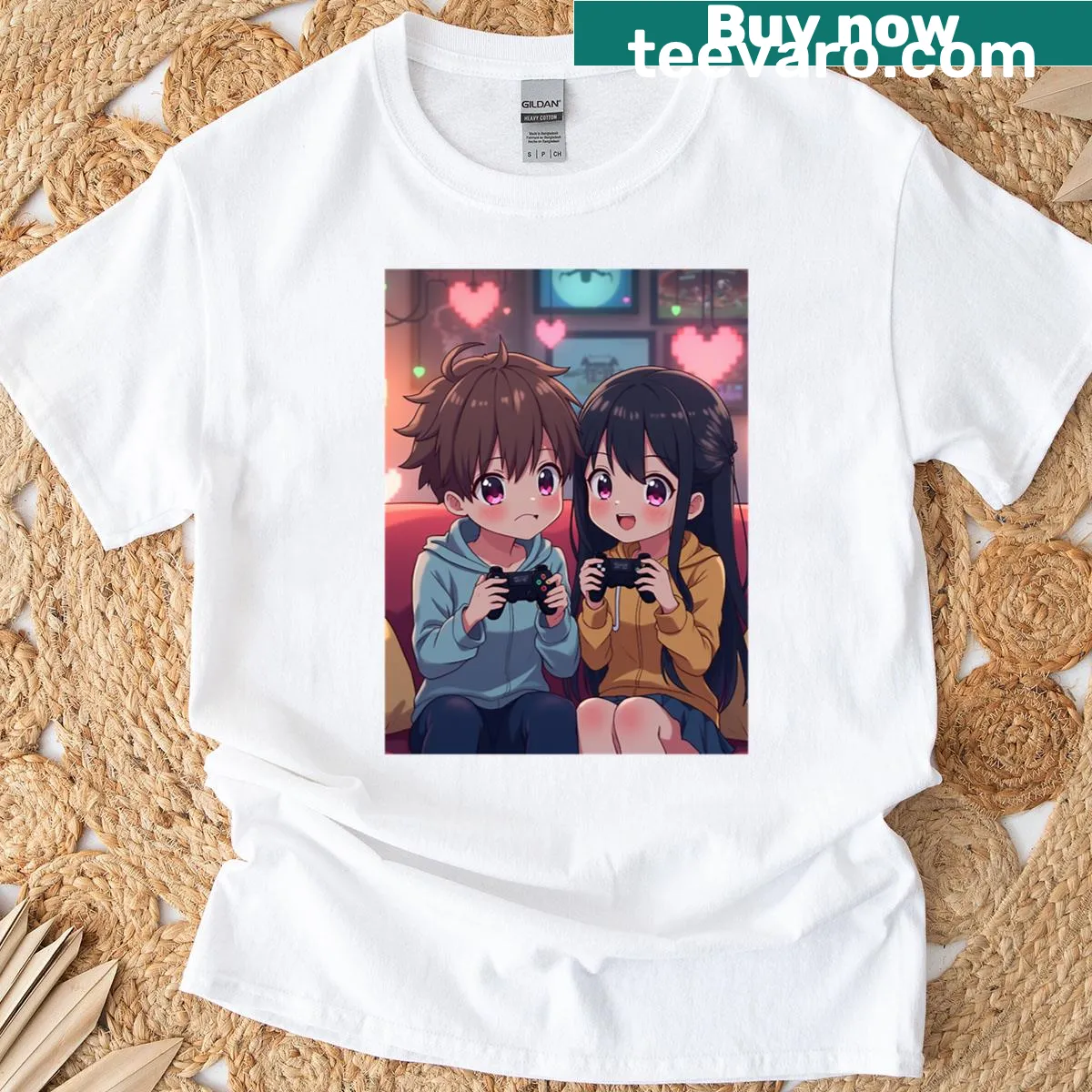 Anime gamer couple graphic T-shirt — on a men's t-shirt