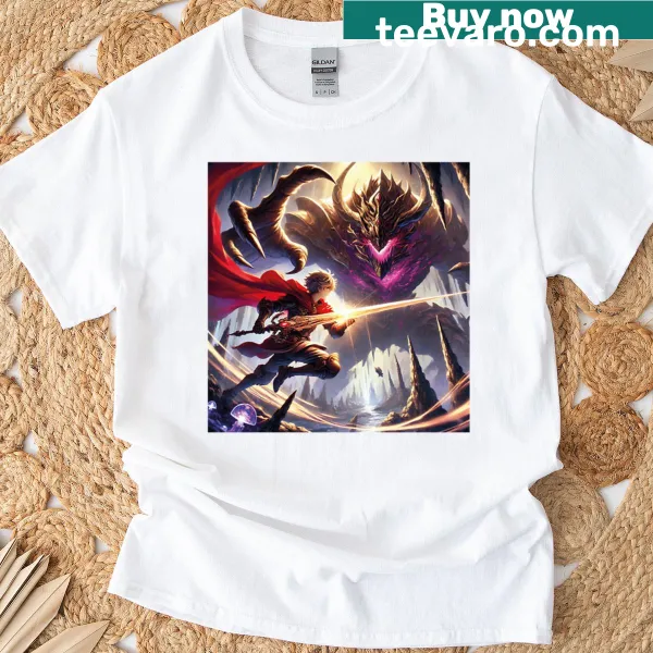 Oversized T-shirt featuring an anime warrior battling a violet eye monster