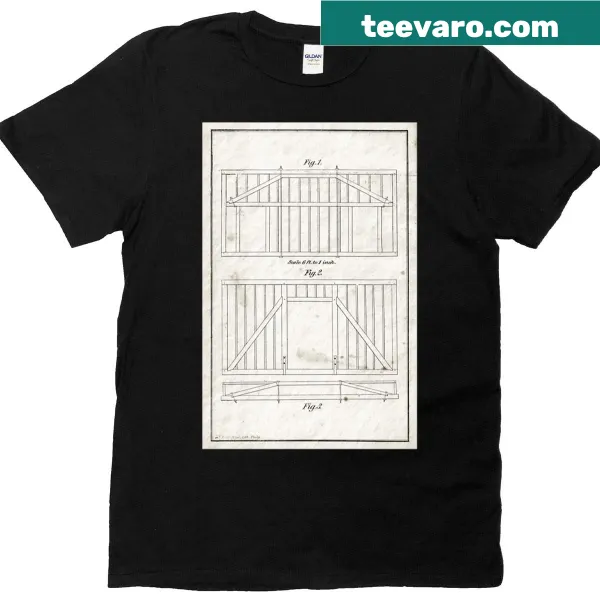 Antique drawing of a timber frame barn on a vintage t-shirt