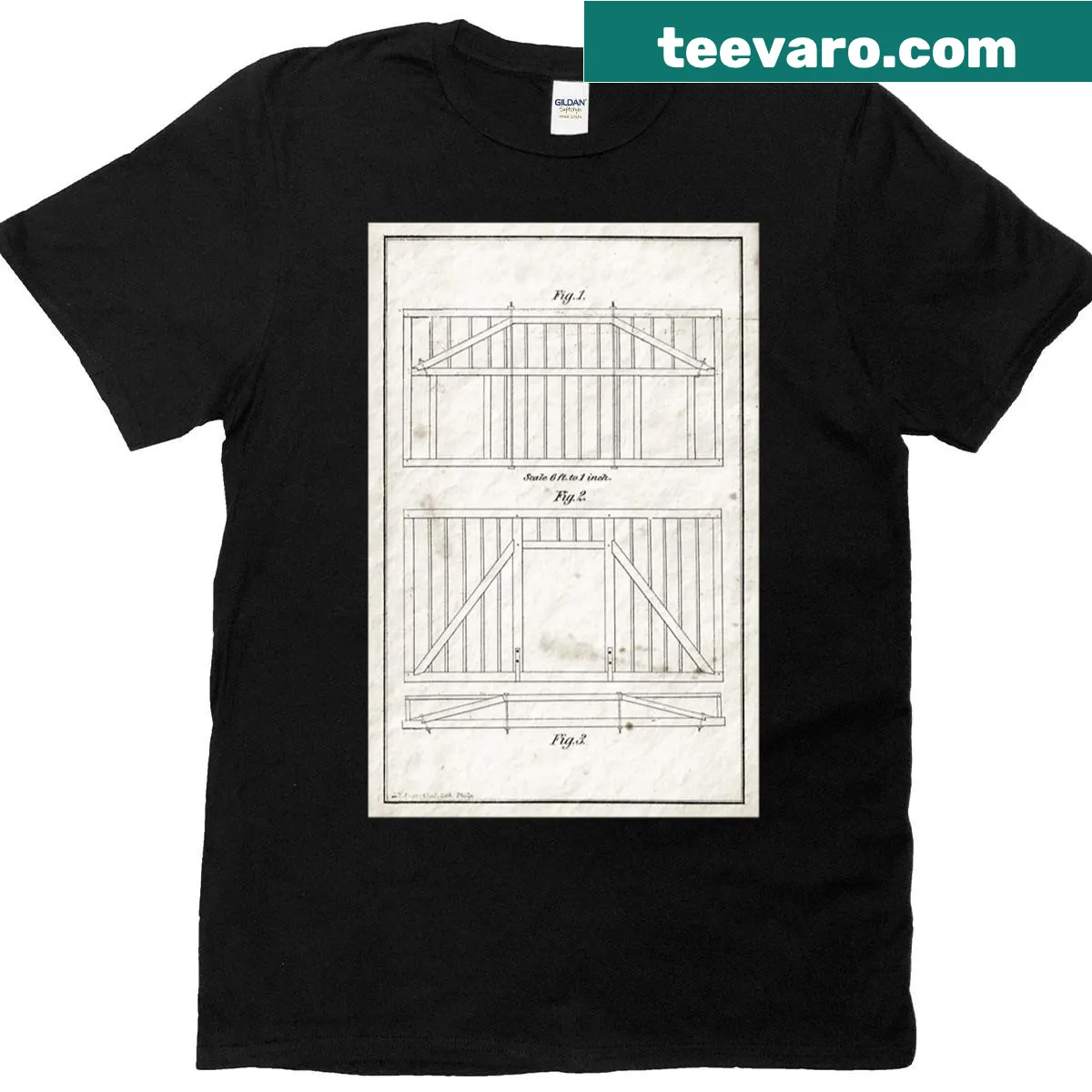 Antique drawing of a timber frame barn on a vintage t-shirt — on a men's t-shirt