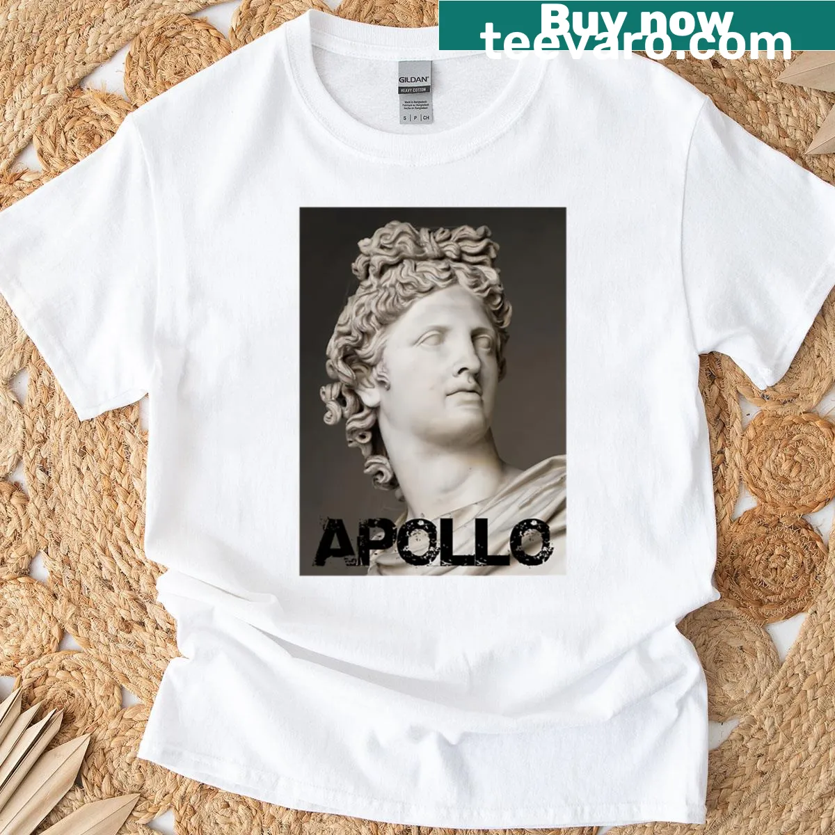 Apollo Greek mythology graphic T-shirt — on a men's t-shirt