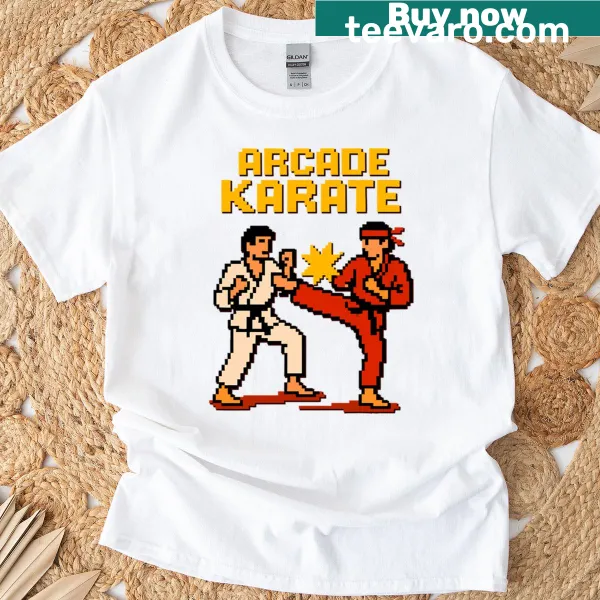 Graphic of karate fighters from arcade games on a t-shirt