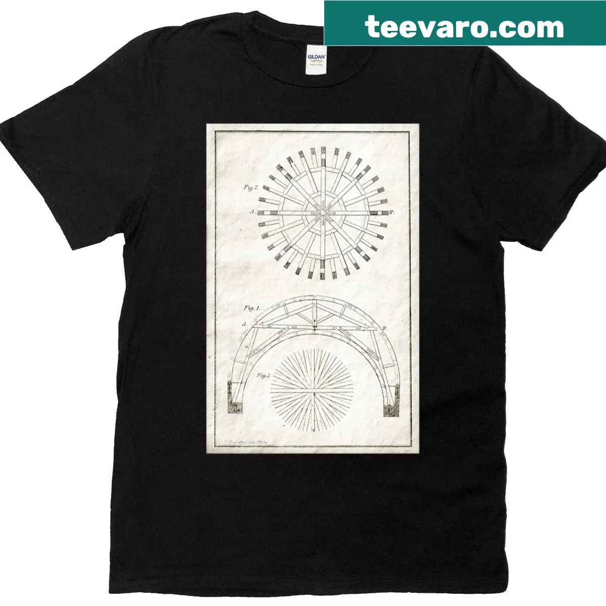 Architectural drawing T-shirt with roof framing designs — on a men's t-shirt