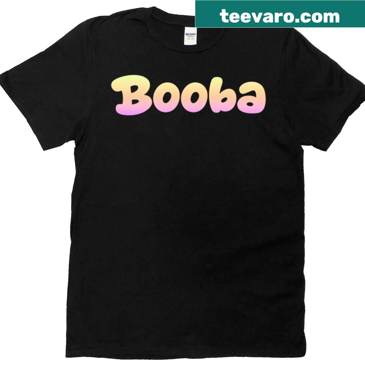 Cartoon T-shirt featuring Booba against a neon sunset — on a men's t-shirt