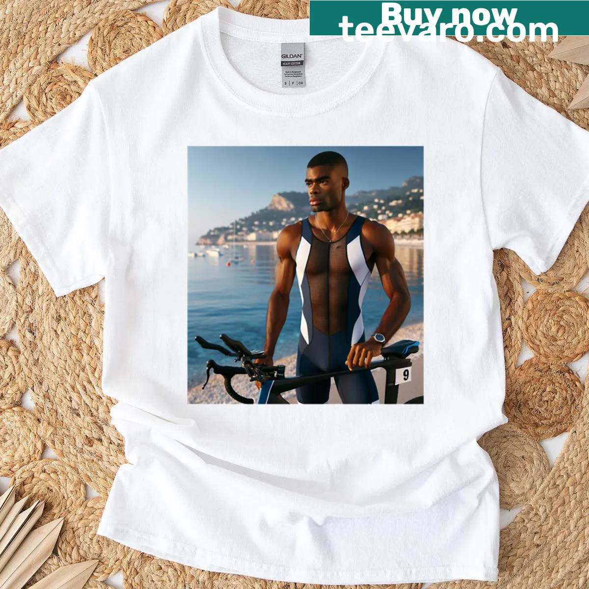 Minimalist graphic of a swimmer, cyclist, and runner silhouette — on a men's t-shirt