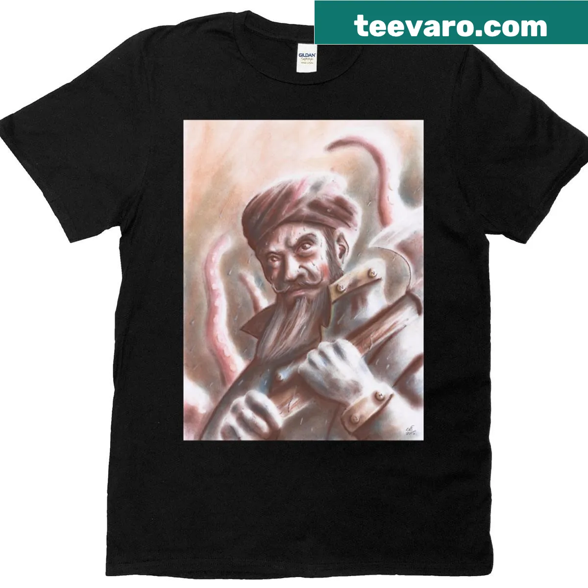 T-shirt featuring a detailed illustration of Captain Nemo — on a men's t-shirt