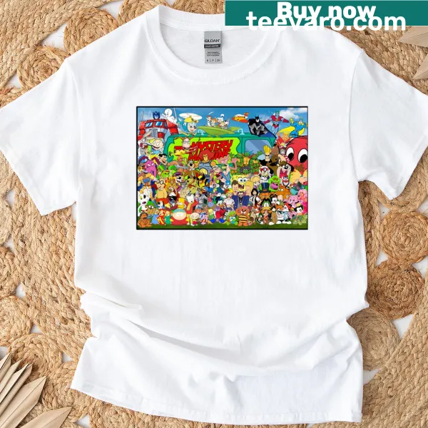 Oversized cartoon T-shirt featuring characters from various eras