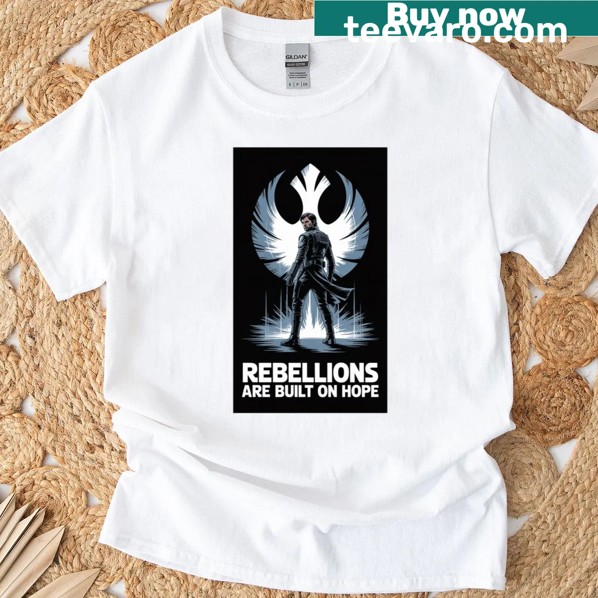 Minimalist poster design of Cassian Andor with a rebel theme — on a men's t-shirt