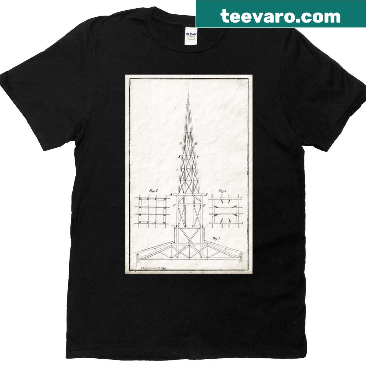 Architectural drawing T-shirt with church steeple design — on a men's t-shirt