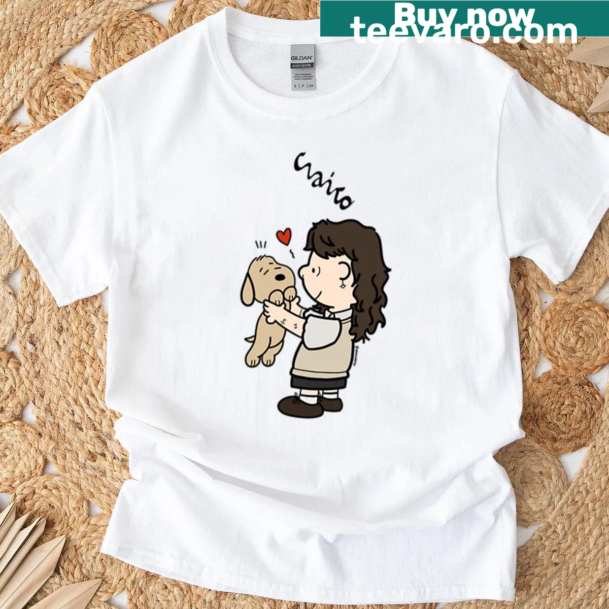 Whimsical design featuring Clairo and a dog in a playful illustration. — on a men's t-shirt