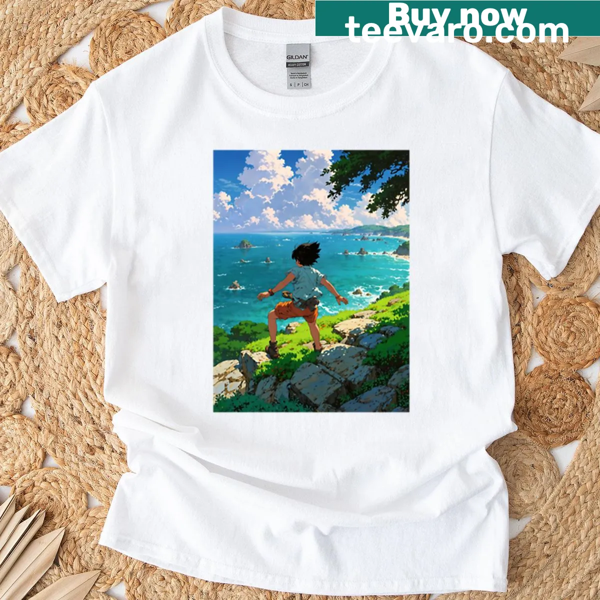 Dreamy retro anime artwork featuring a surfer at the coast. — on a men's t-shirt
