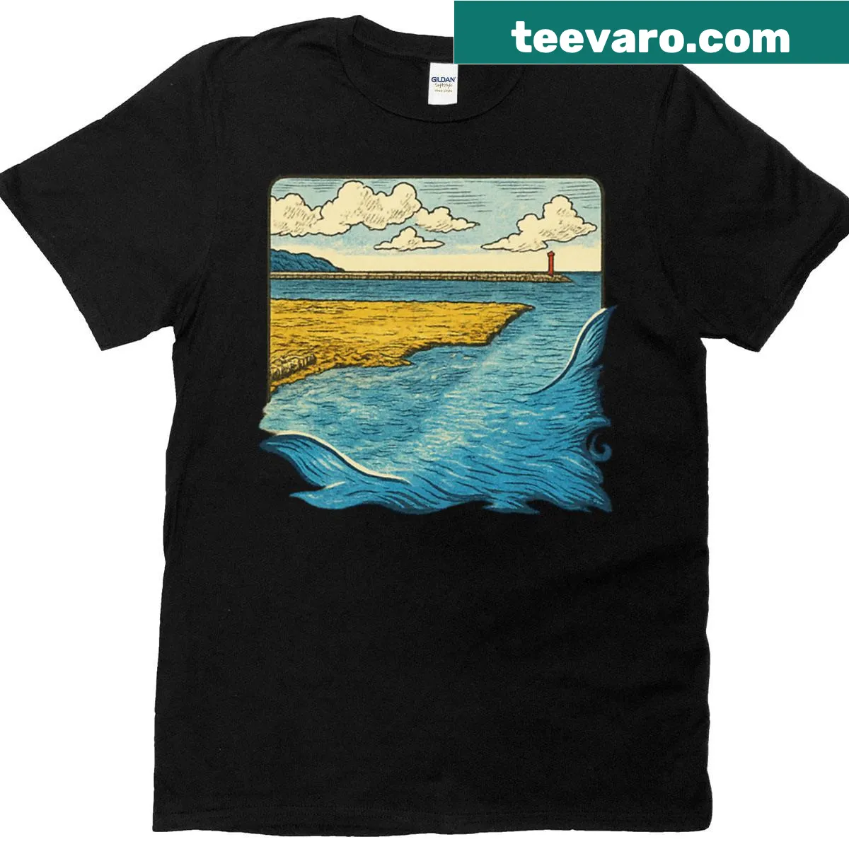 Vintage T-shirt featuring a coastal lighthouse and seaside view — on a men's t-shirt