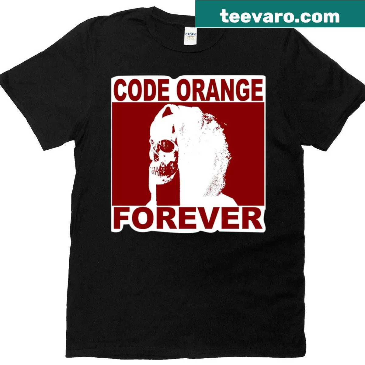 Bold T-shirt featuring graphics celebrating the band Code Orange. — on a men's t-shirt