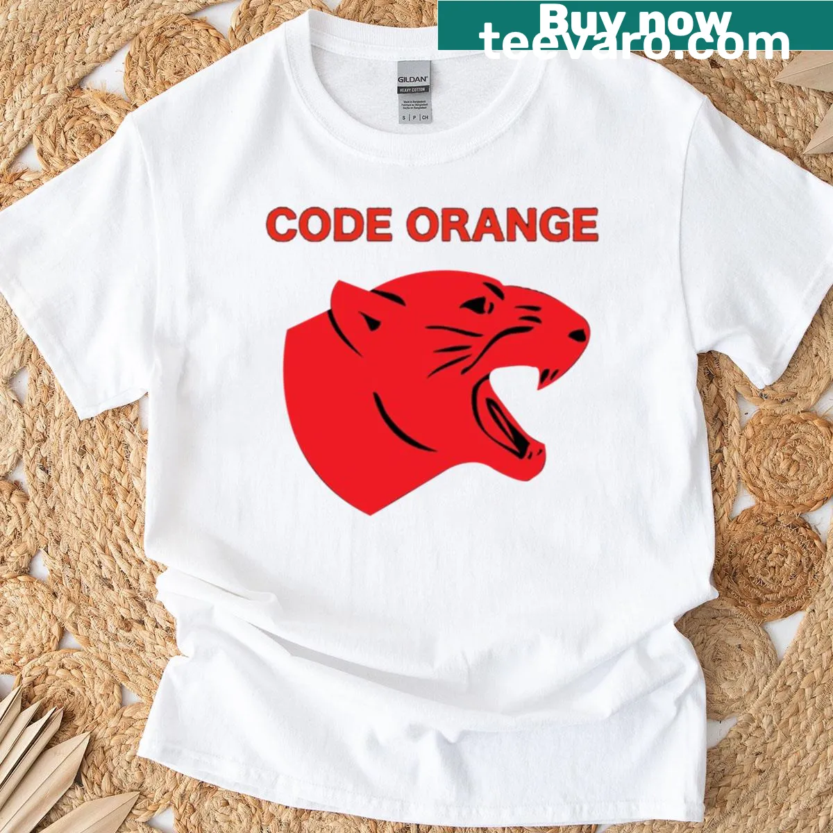 Bold typography design stating 'Code Orange' in unique font. — on a men's t-shirt
