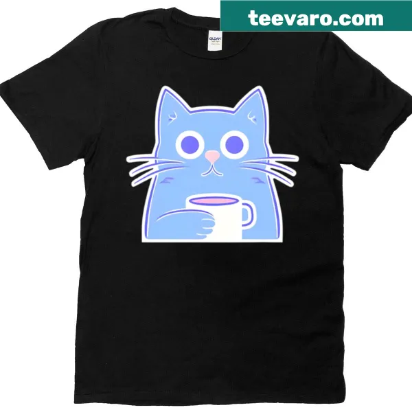 Cute cartoon T-shirt featuring a cat with a coffee cup design.