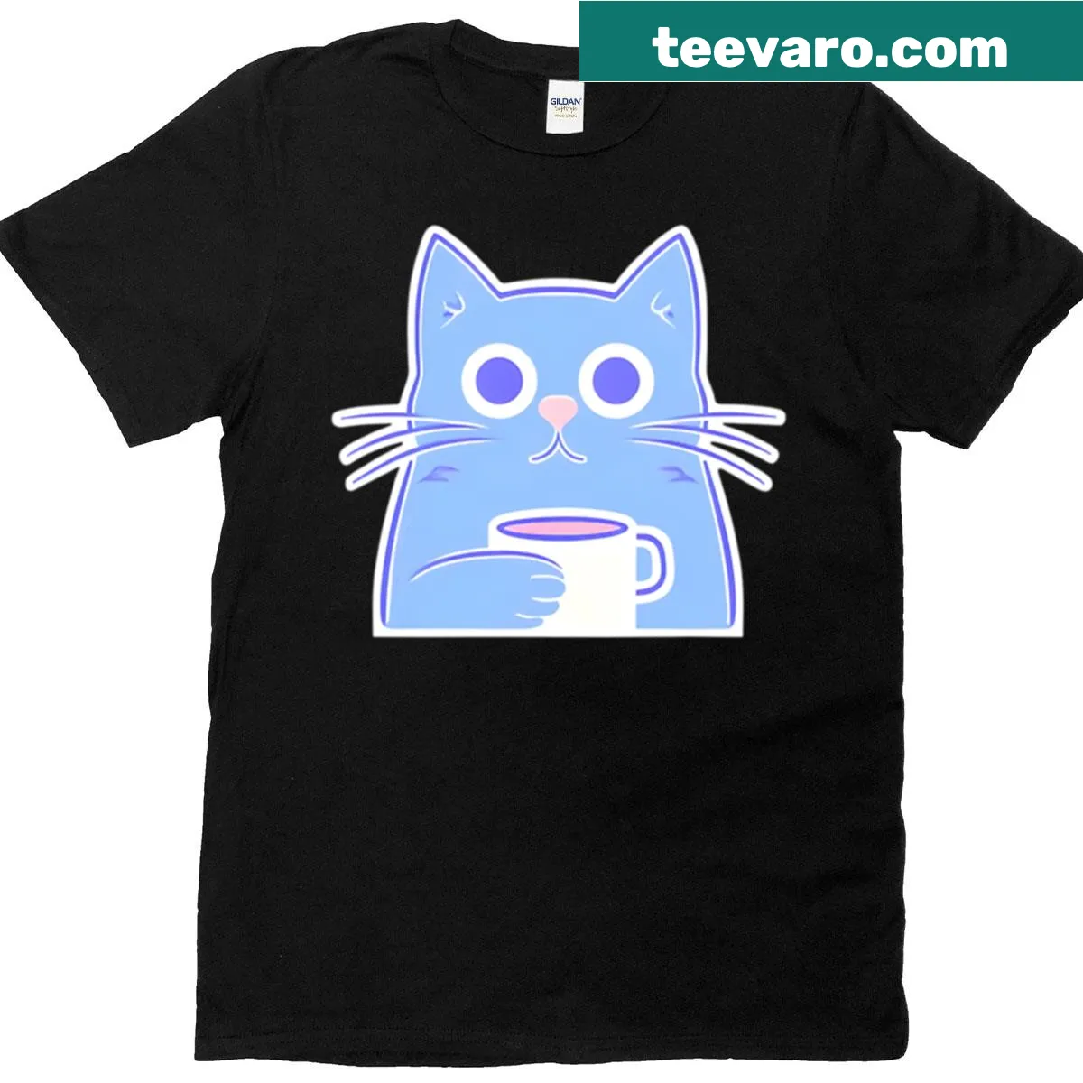 Cute cartoon T-shirt featuring a cat with a coffee cup design. — on a men's t-shirt