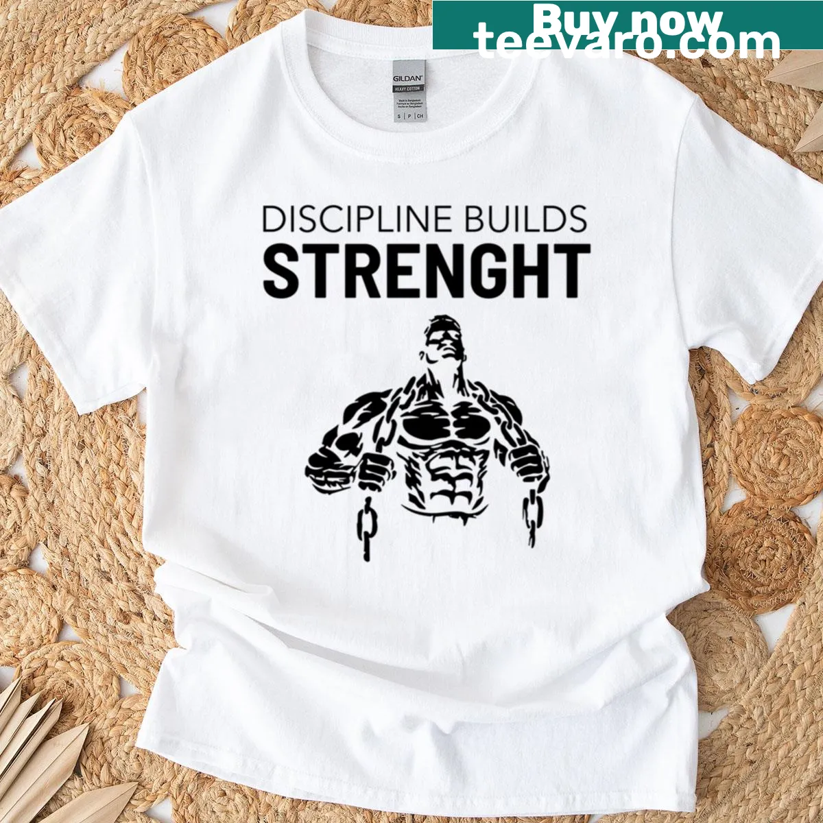 Motivational gym t-shirt with the phrase 'Discipline Builds Strength' — on a men's t-shirt