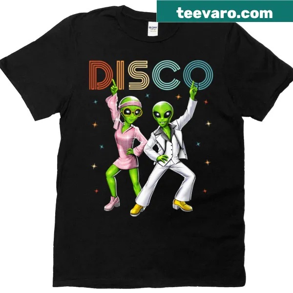 Funny cartoon t-shirt featuring disco aliens under a disco ball
