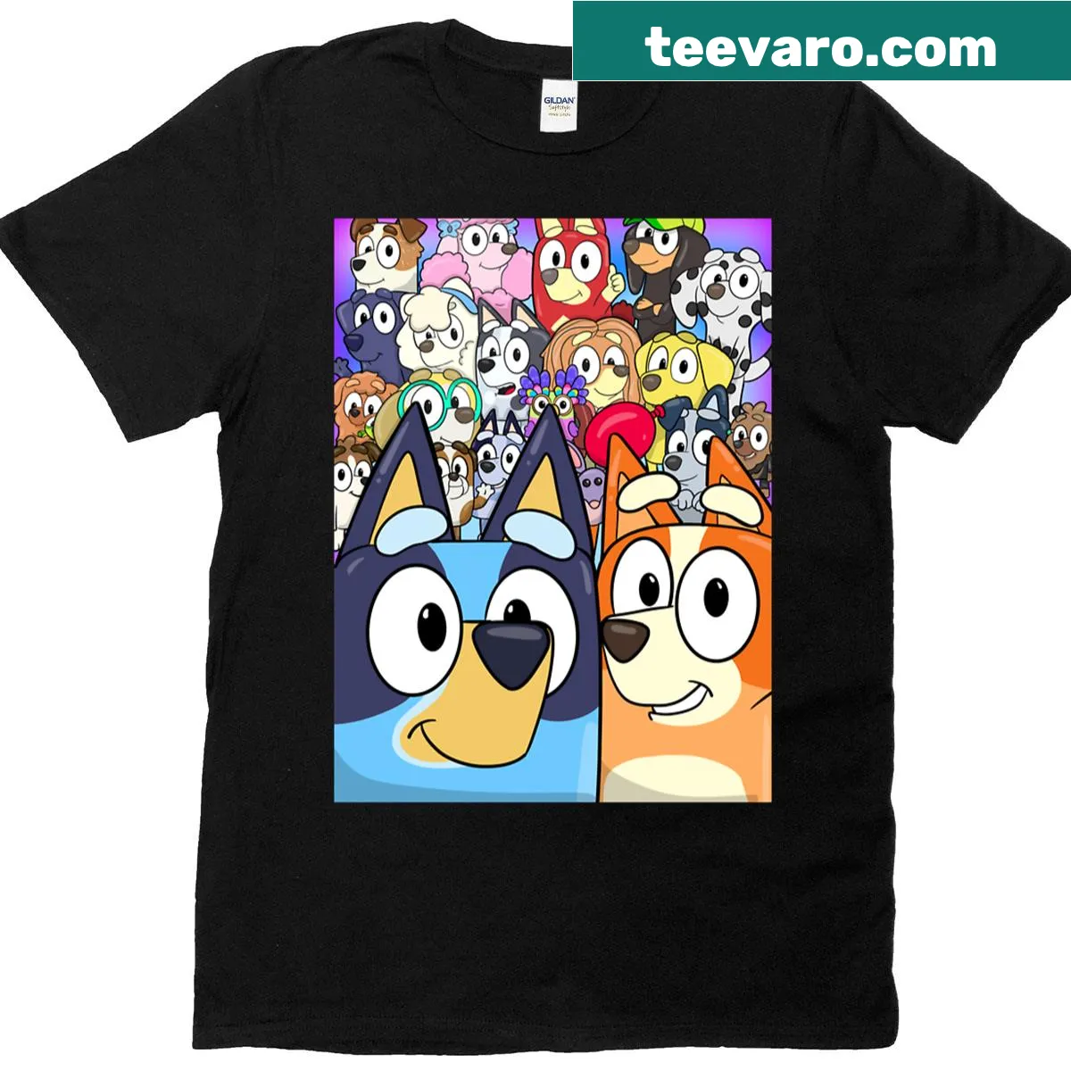 T-shirt with an illustration of a city bustling with dogs — on a men's t-shirt