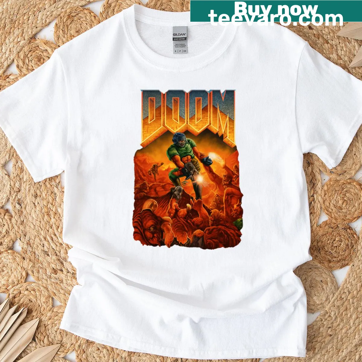 Oversized t-shirt with Doom video game official logo illustration — on a men's t-shirt