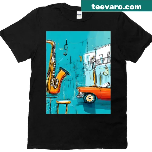 T-shirt featuring an oldtimer car and saxophone illustration for jazz lovers.