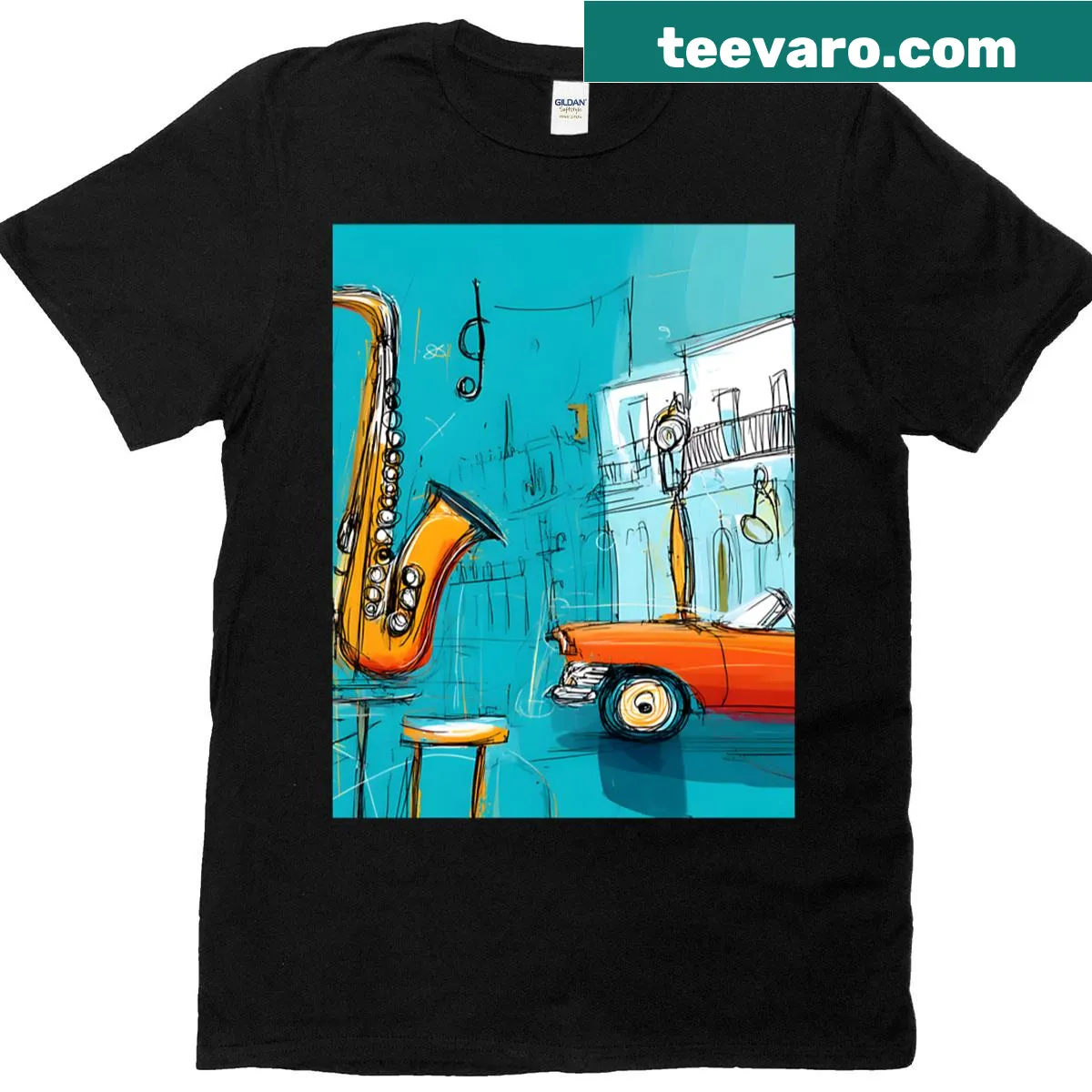 T-shirt featuring an oldtimer car and saxophone illustration for jazz lovers. — on a men's t-shirt