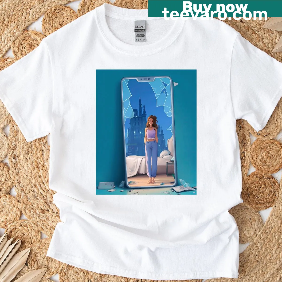 Fairytale-themed t-shirt with castles and mythical creatures — on a men's t-shirt