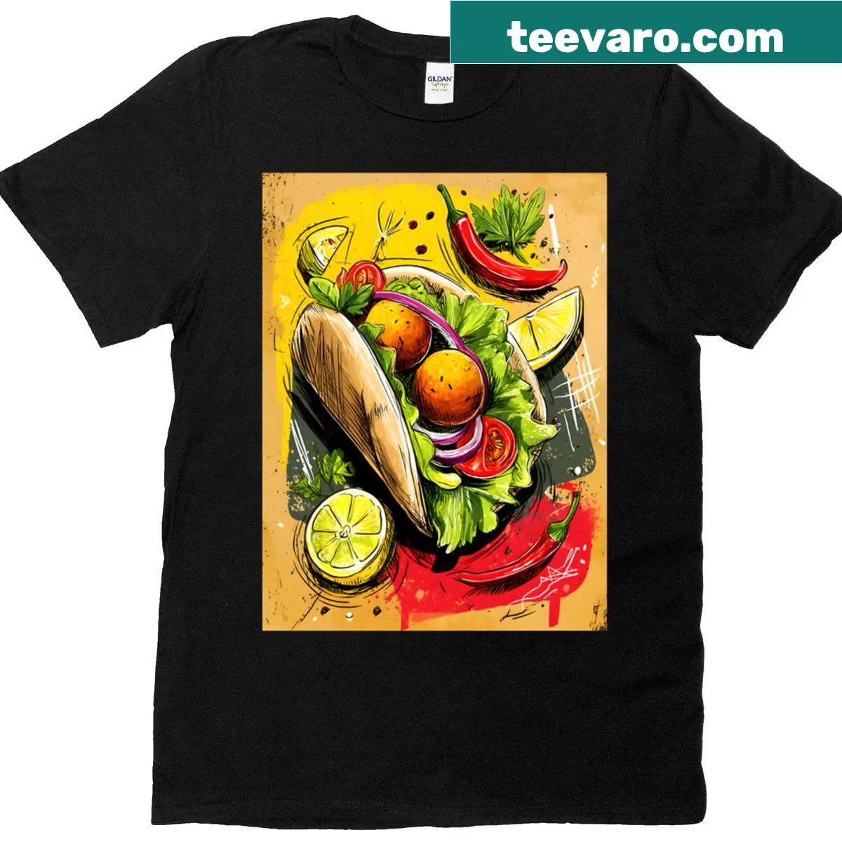 Falafel wrap surrounded by spices and vegetables illustration on T-shirt. — on a men's t-shirt