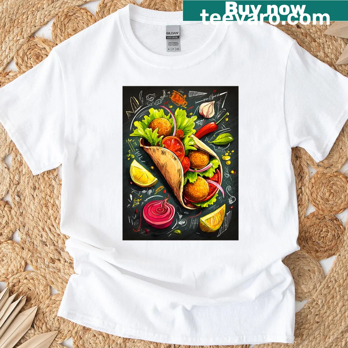 Illustrated falafel wrap t-shirt with fresh vegetables — on a men's t-shirt