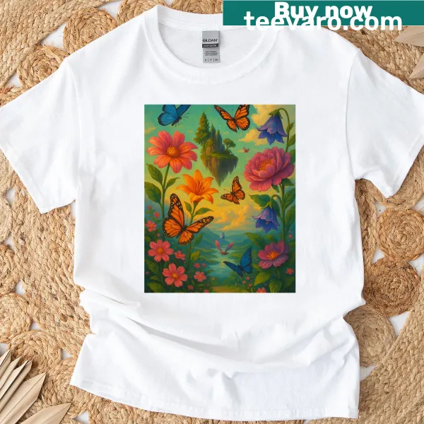 Surreal t-shirt featuring a flying island over a floral mountain