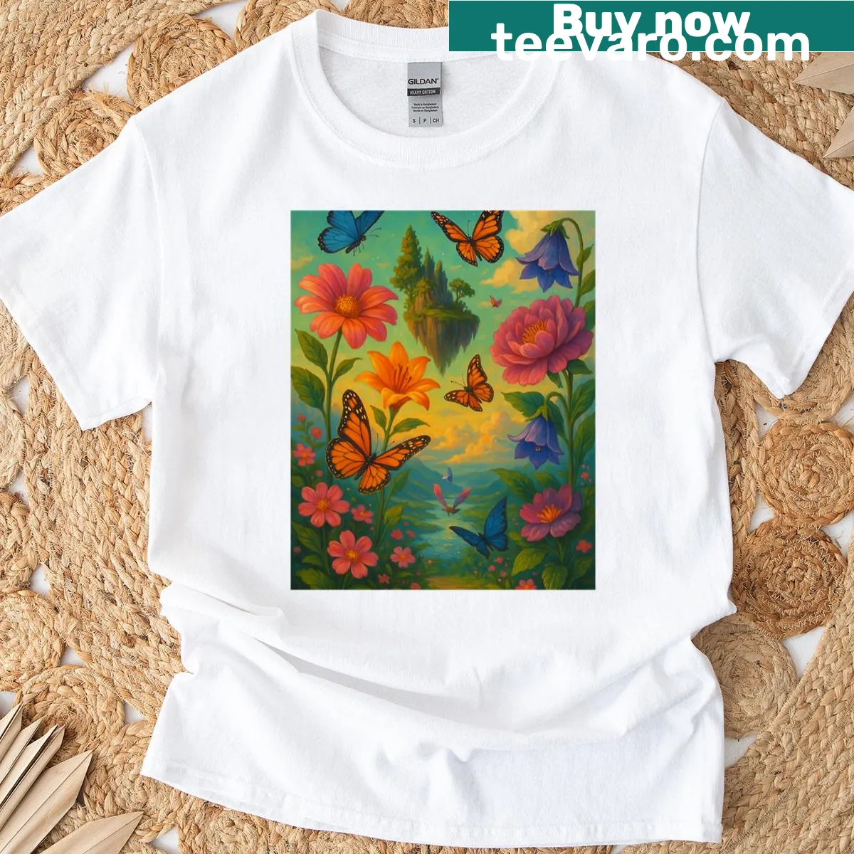 Surreal t-shirt featuring a flying island over a floral mountain — on a men's t-shirt
