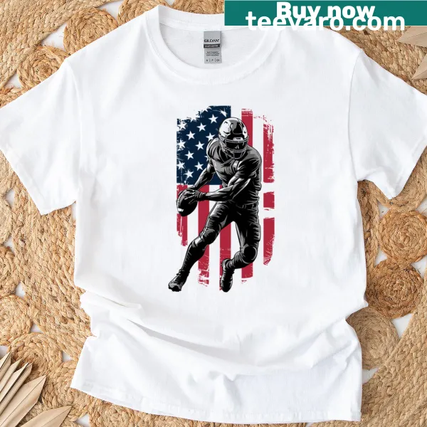 Football player graphic with American flag grunge background on a t-shirt