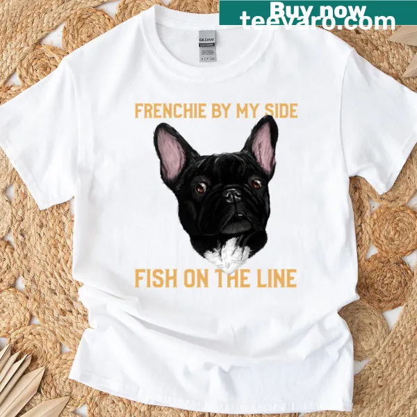 Illustration of a French bulldog with fishing gear on a T-shirt.