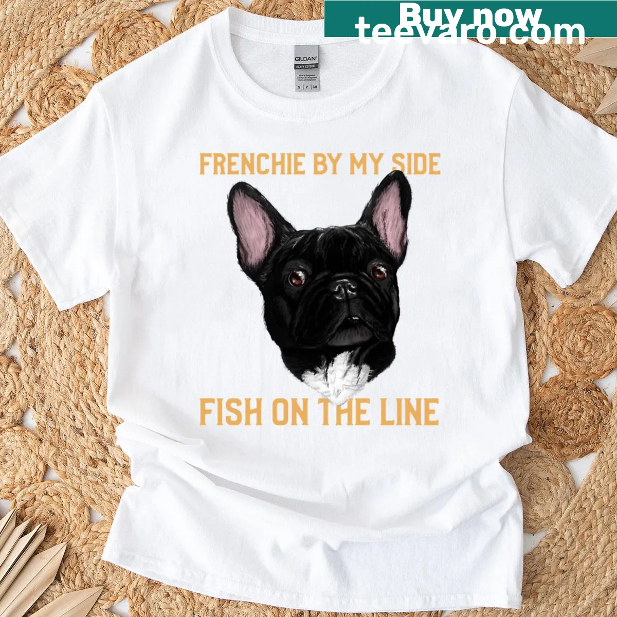 Illustration of a French bulldog with fishing gear on a T-shirt. — on a men's t-shirt
