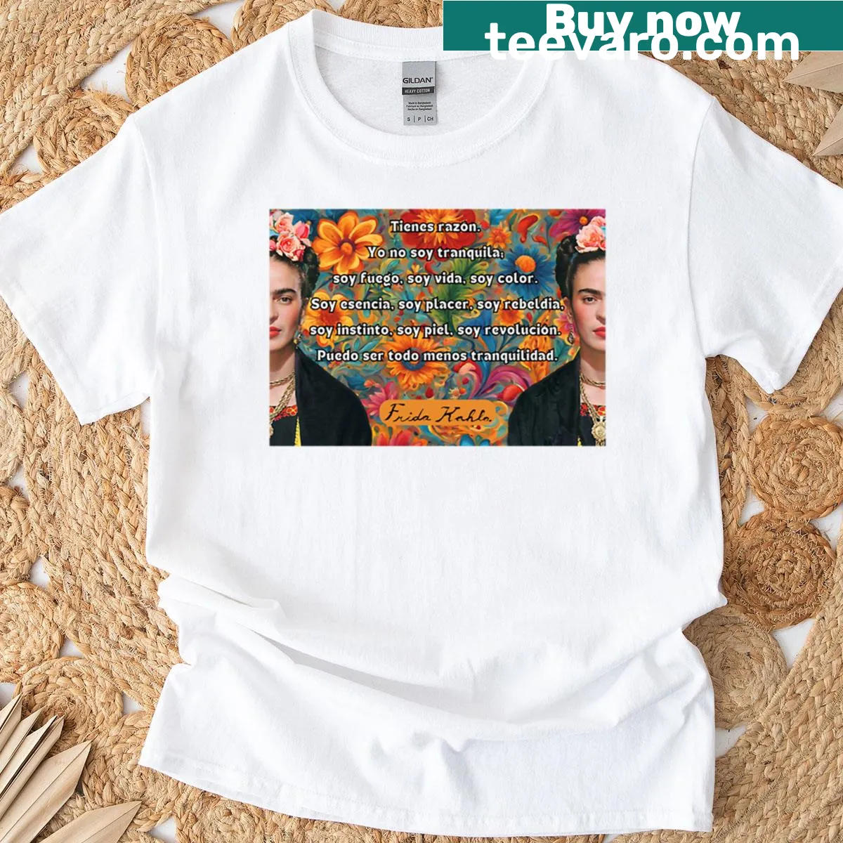 Artistic T-shirt with Frida-inspired phrase 'No Soy Tranquila' in stylish typography. — on a men's t-shirt