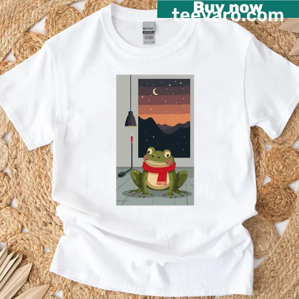 T-shirt featuring a friendly frog illustration in a natural setting