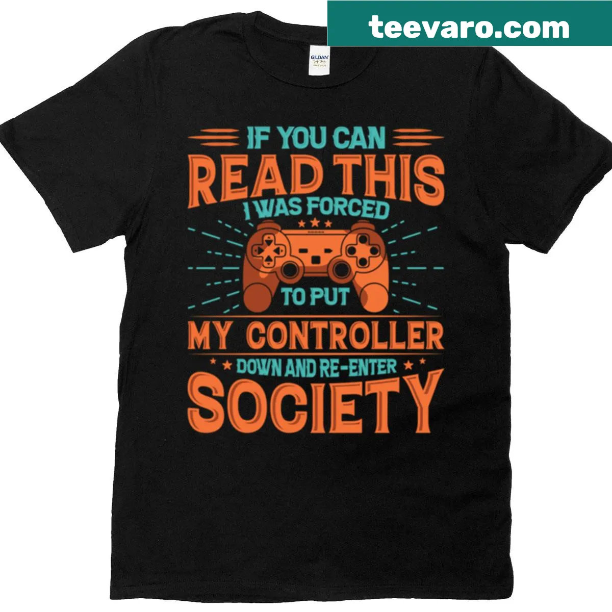 Bold typography on t-shirt saying 'Gamer Forced To Rejoin Society' — on a men's t-shirt