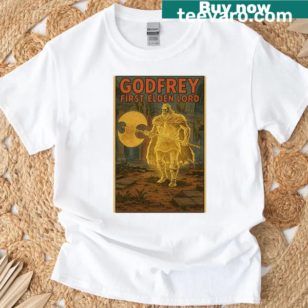 Comic book style T-shirt featuring Godfrey, the First Elden Lord