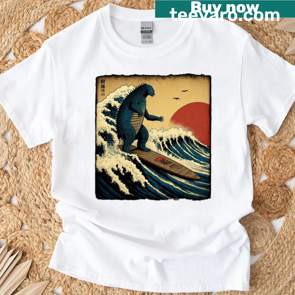 Funny Godzilla T-shirt featuring a surfing parody of Hokusai's wave art. — on a men's t-shirt