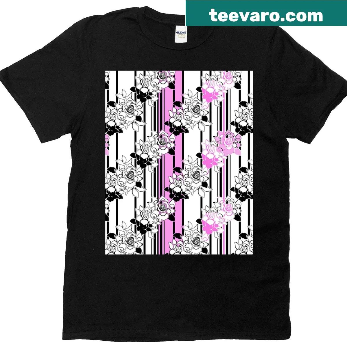 Grunge graphic t-shirt featuring roses and stripes pattern — on a men's t-shirt