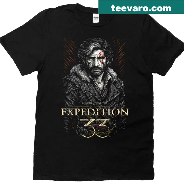 Illustration on Gustave Clair Obscur Expedition 33 T-shirt celebrating exploration
